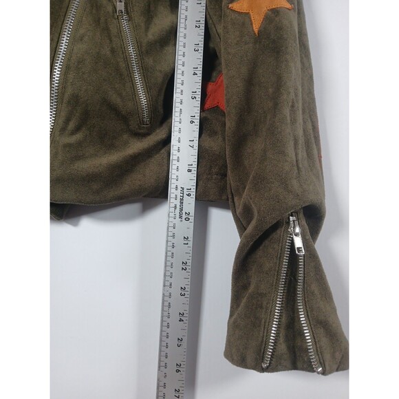 Olivaceous Olive Green Faux Suede Star Moto Jacket Size L EUC Zip Pockets Edgy - Picture 10 of 10